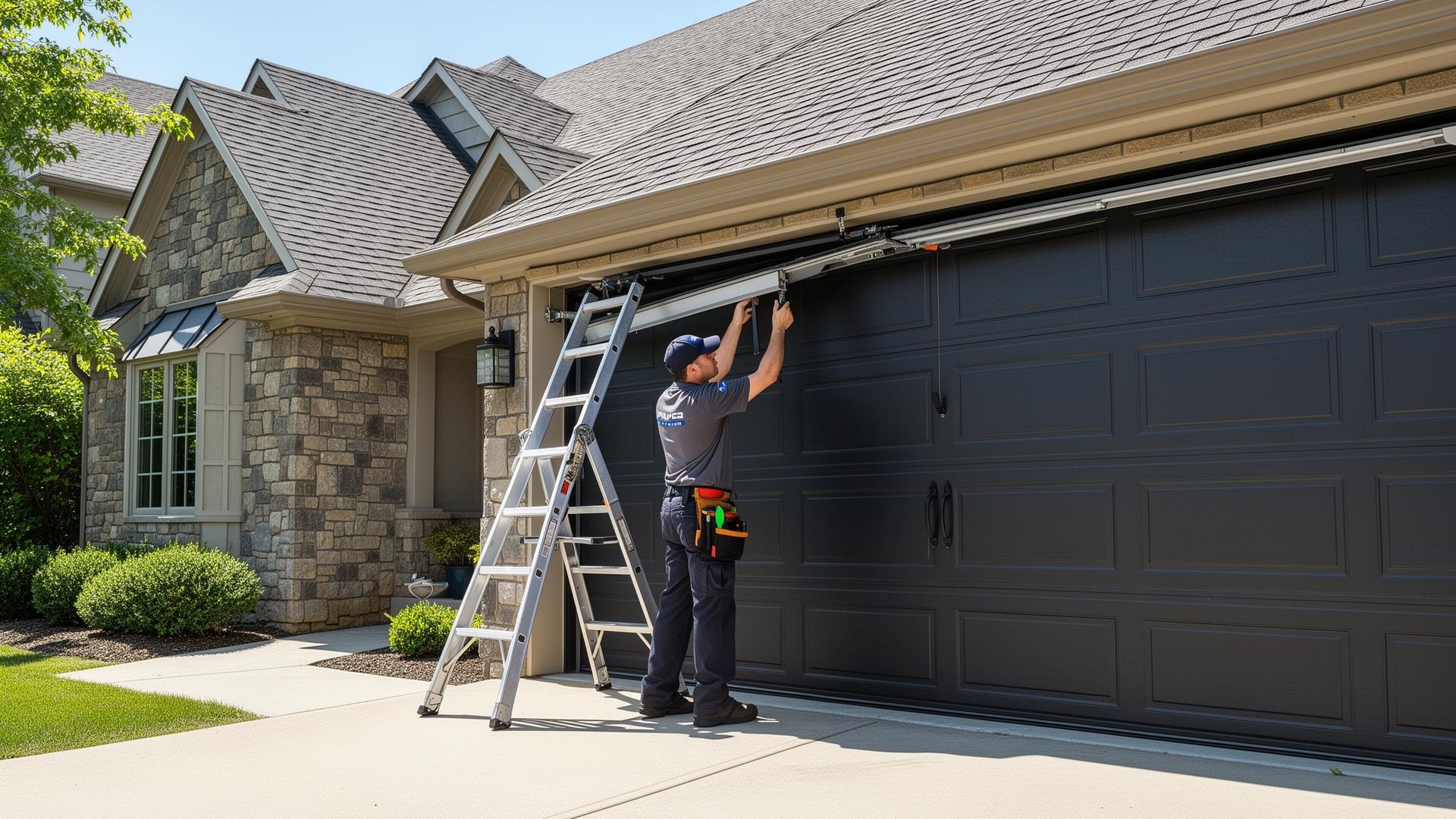 Professional garage door service technician installing a modern garage door